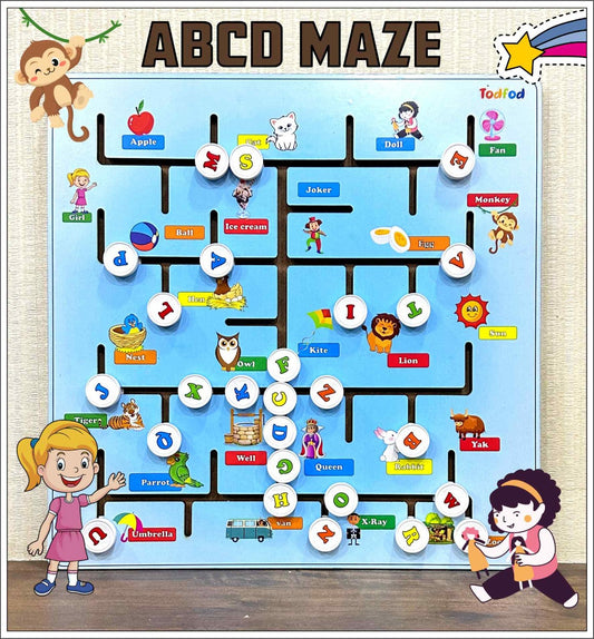 Todfod ABCD Wooden Sliding Maze Learning Toy for Kids Age 3,8, |26Piece Educational Brain Game, Alphabet Number Animal Puzzle for Toddlers Children