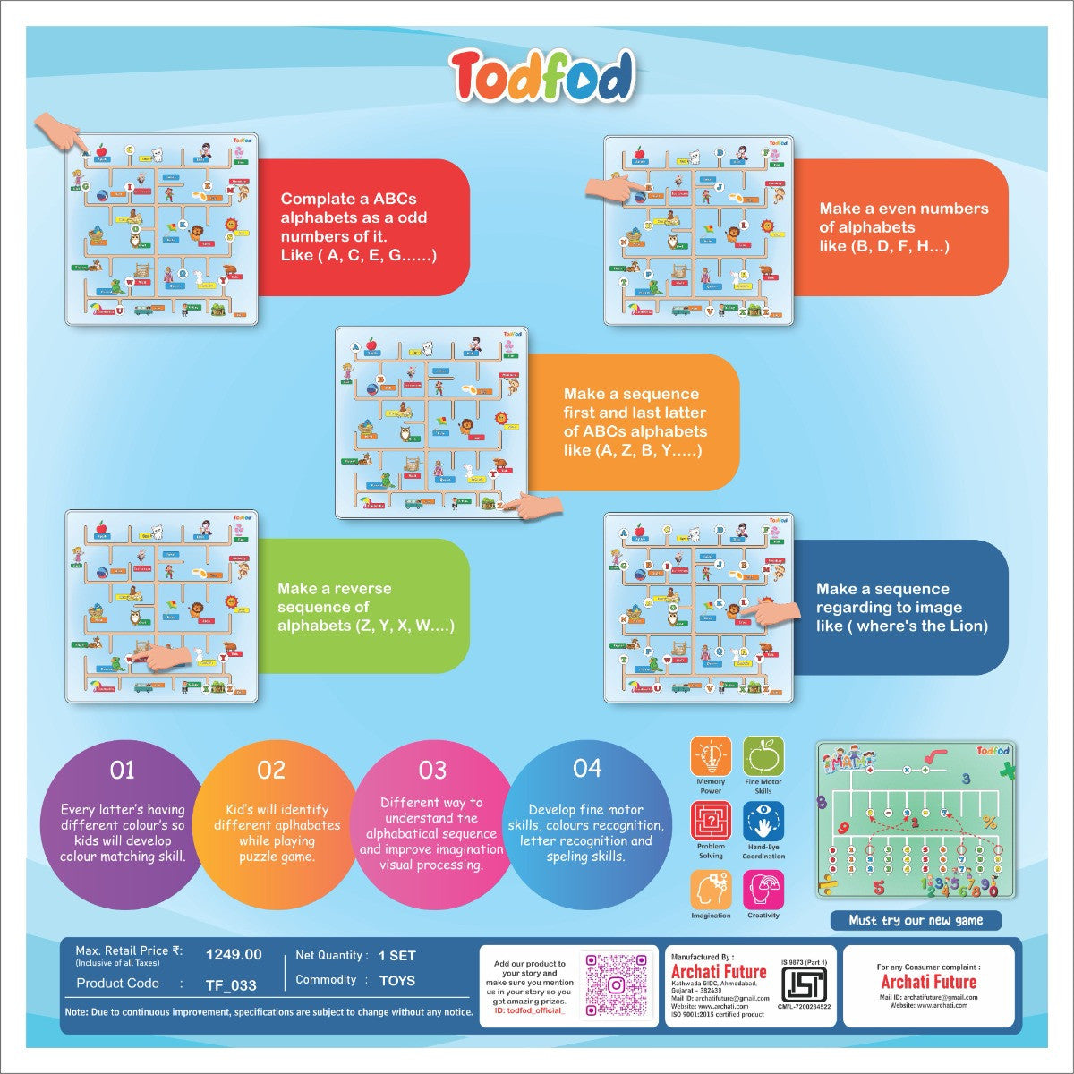 Educational poster from Todfod with various activities for learning ABCs and other skills on a blue background.