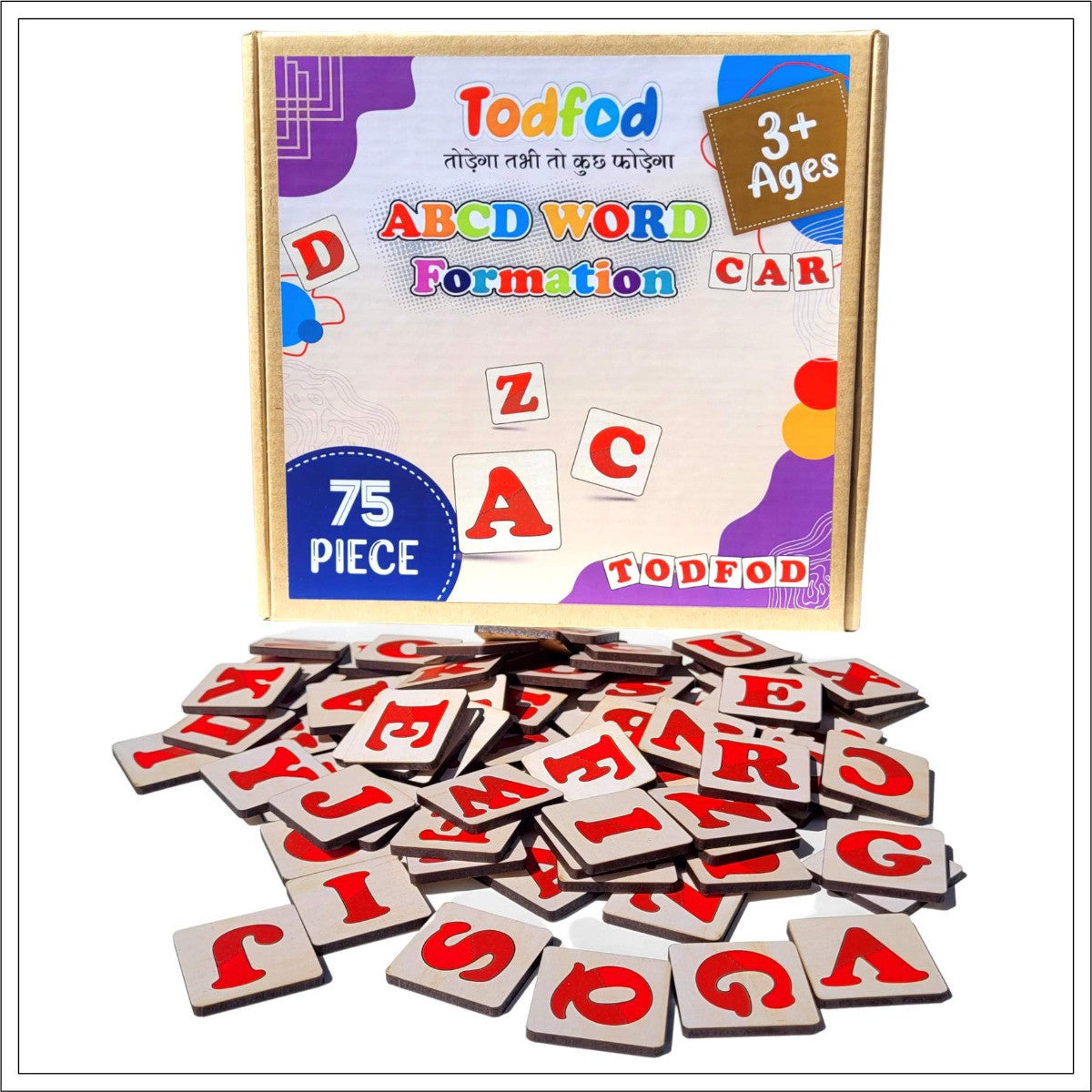 Todfod ABCD Word Formation Car toy with wooden box and scattered letters on a white background