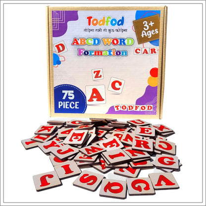 Todfod ABCD Word Formation Car toy with wooden box and scattered letters on a white background