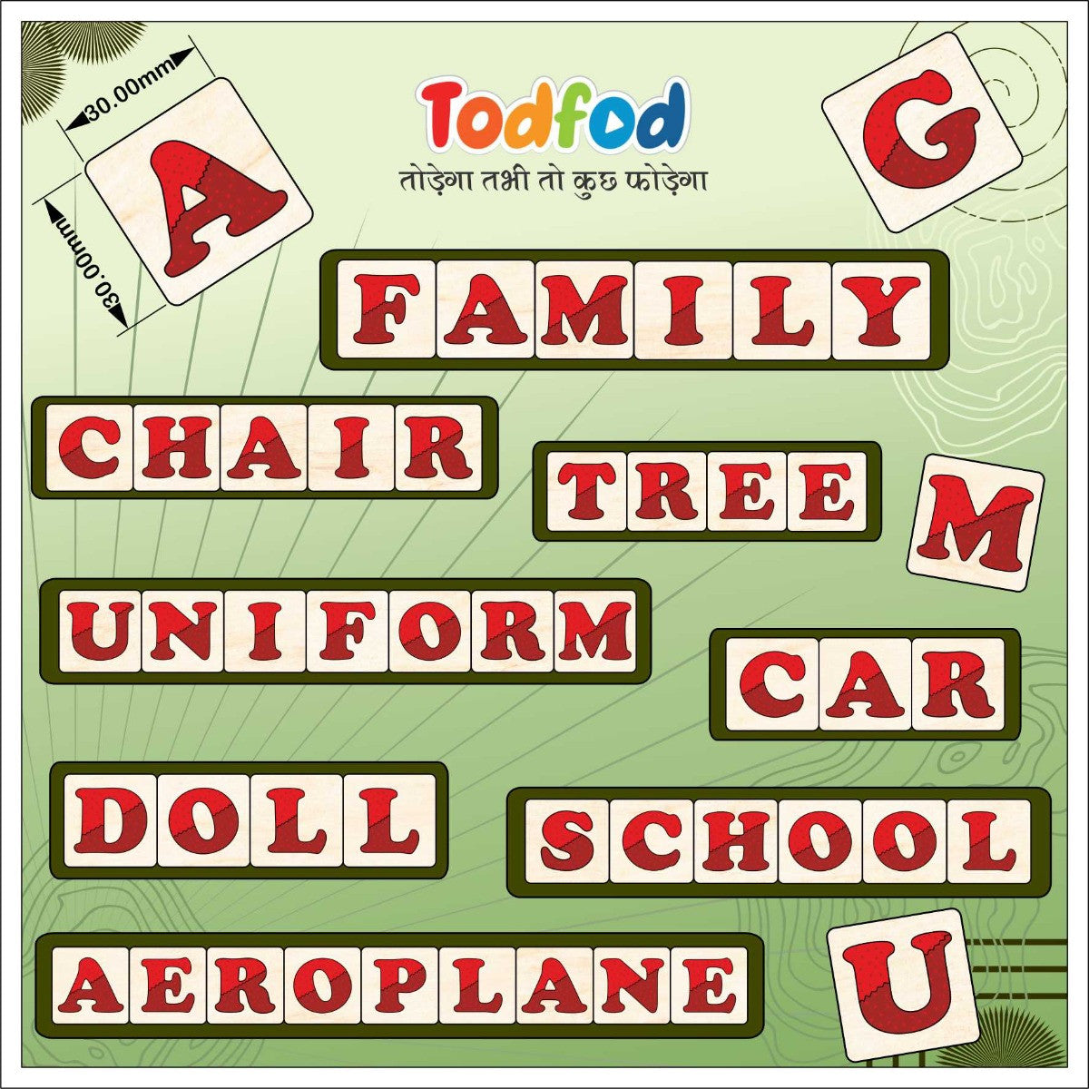 Educational board game with letters and words on a green background, featuring the brand 'Todfod'.
