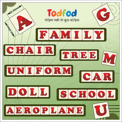 Educational board game with letters and words on a green background, featuring the brand 'Todfod'.