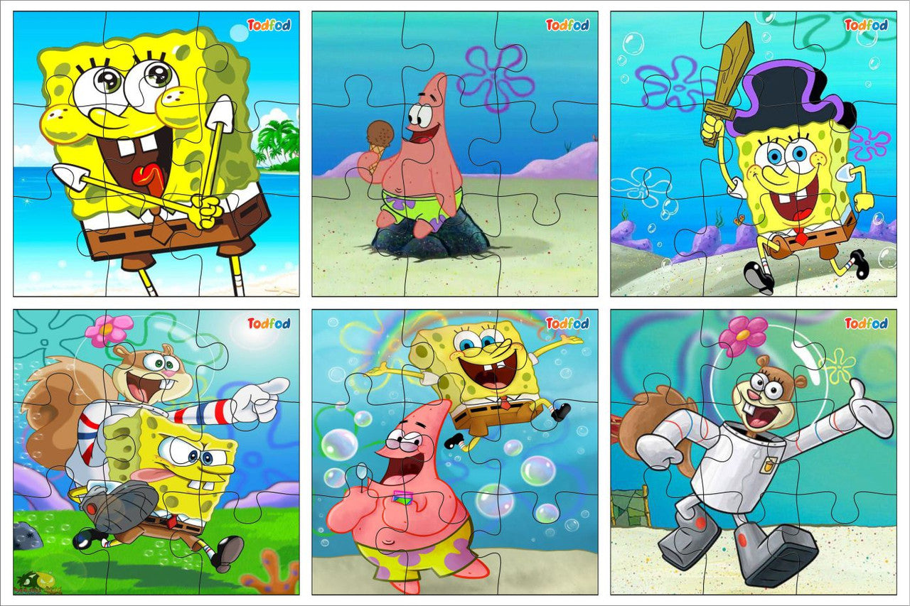 Set of six SpongeBob SquarePants puzzles with different characters on a blue background.