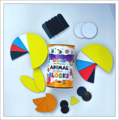 Todfod Animal Pattern Blocks set with colorful geometric shapes on a light blue background