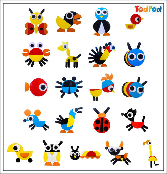 Set of colorful animal-shaped stickers with 'Todfod' branding on a white background.
