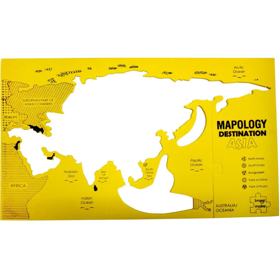 Yellow map of Asia with 'Mapology Destination Asia' branding on a white background
