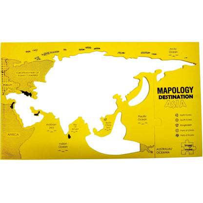 Yellow map of Asia with 'Mapology Destination Asia' branding on a white background