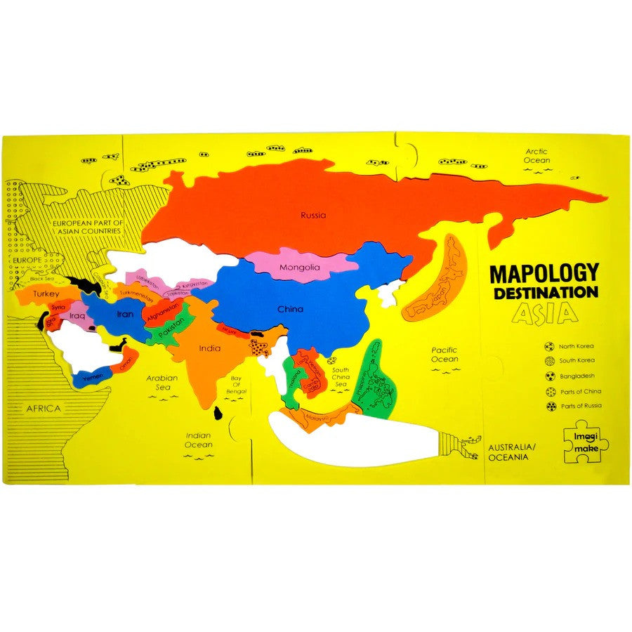 Colorful map of Asia on a yellow background with 'Mapology Destination Asia' text.