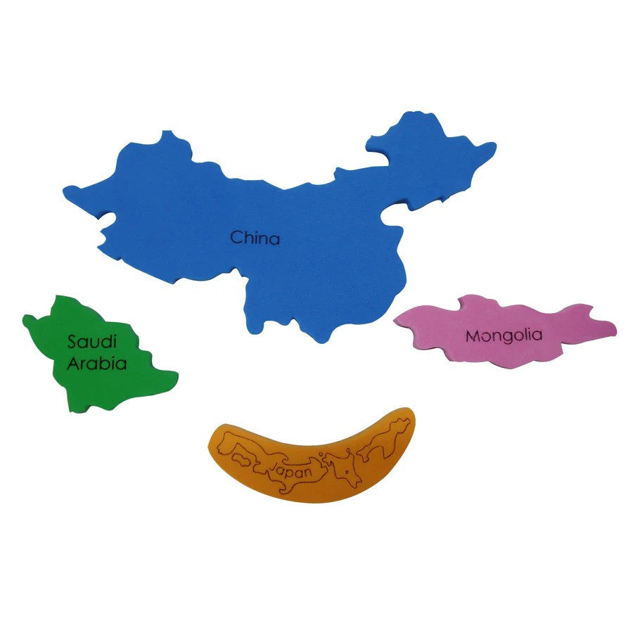 Colorful map cutouts of China, Saudi Arabia, Mongolia, and Japan on a white background