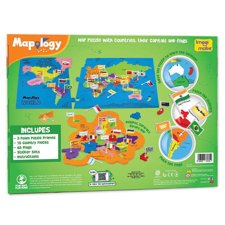 Mapology map puzzle packaging with world map and flags on a green background