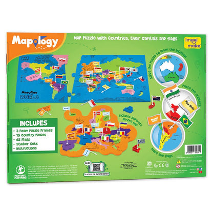 Mapology map puzzle packaging with world map and flags on a green background
