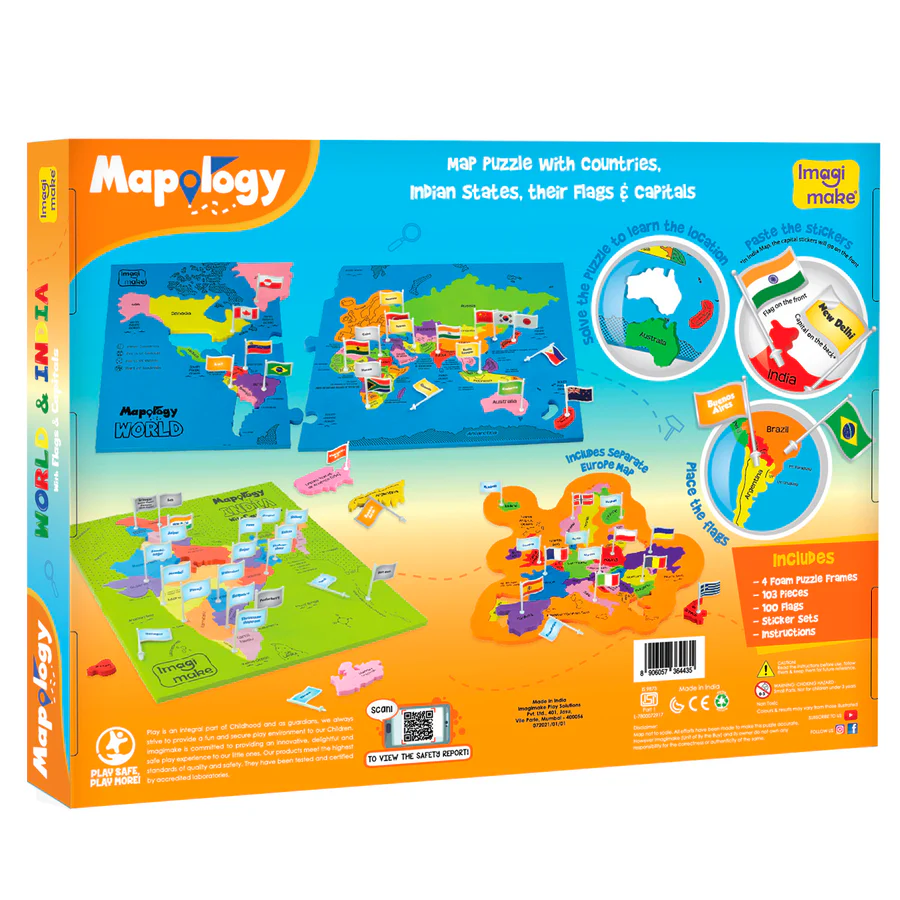 Mapology puzzle packaging with colorful graphics and text