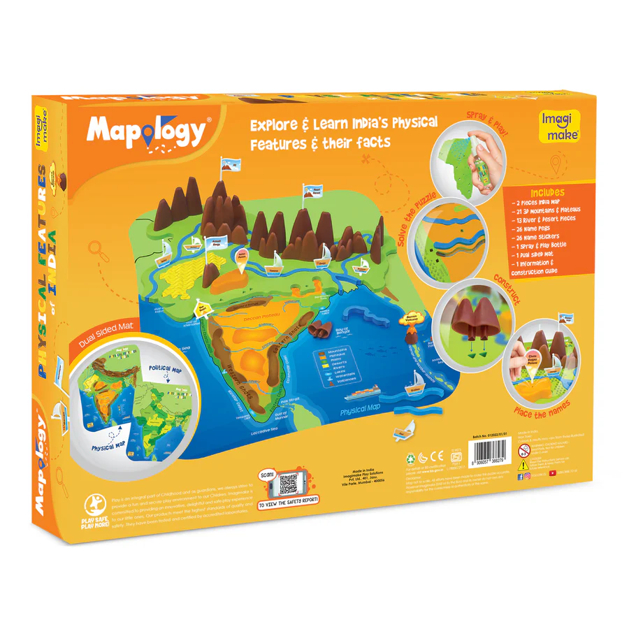 Mapology educational toy packaging with a map of India on an orange background
