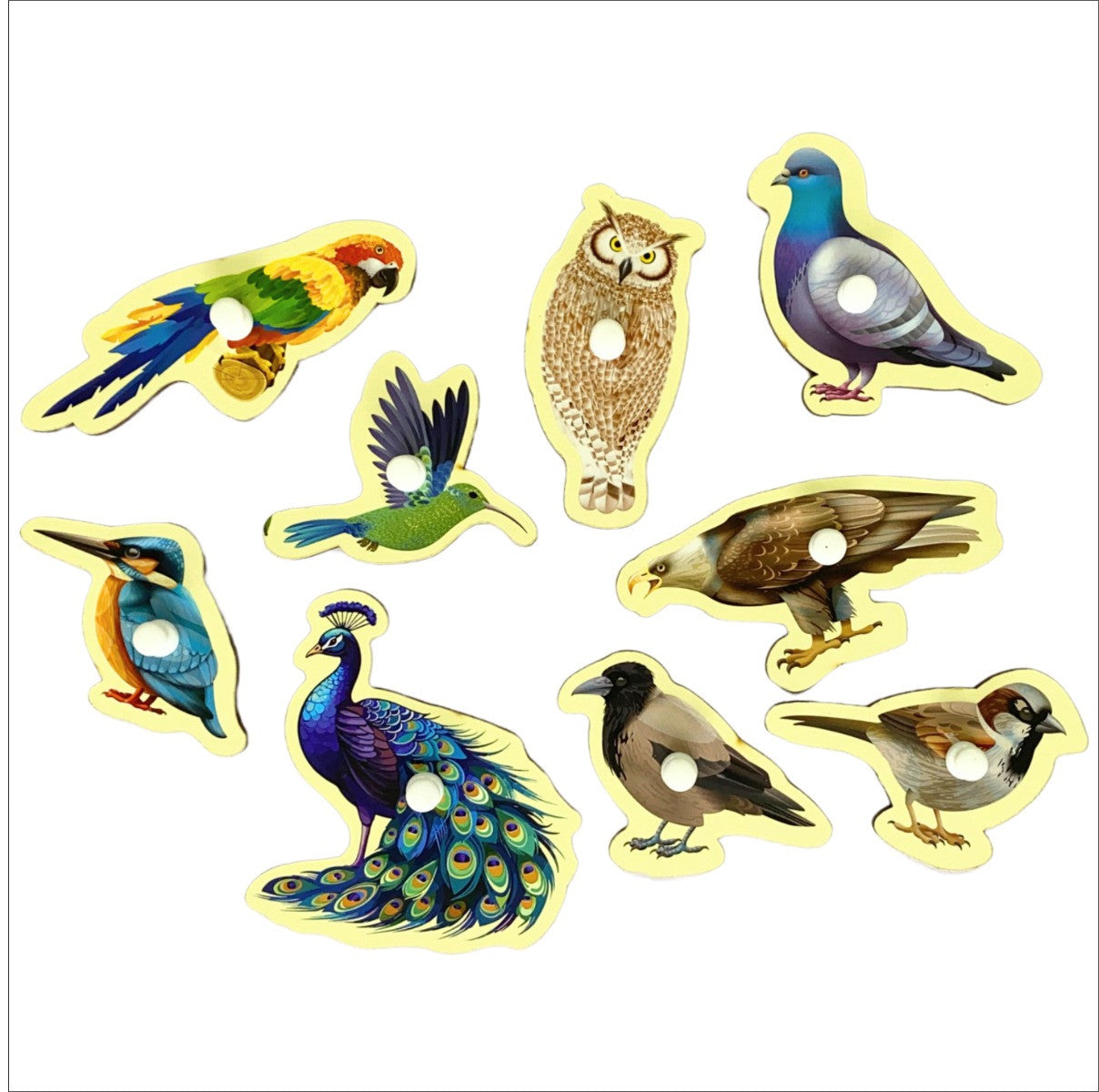 Set of colorful bird-shaped stickers on a white background