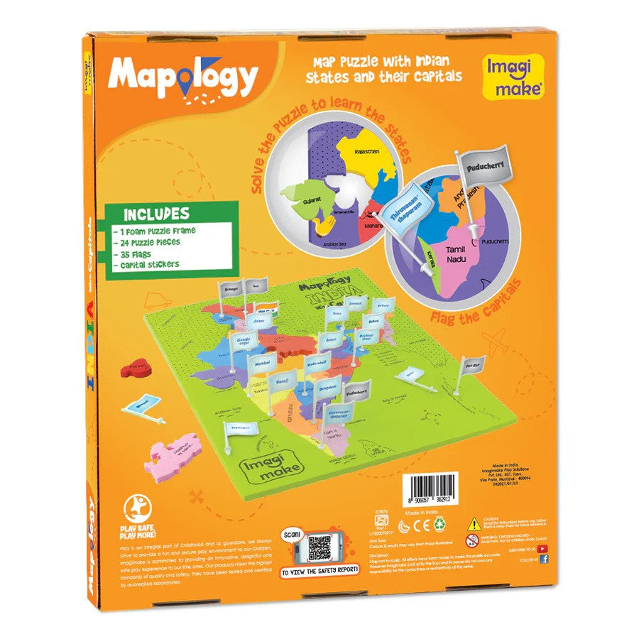 Mapology puzzle packaging with colorful graphics and text on an orange background