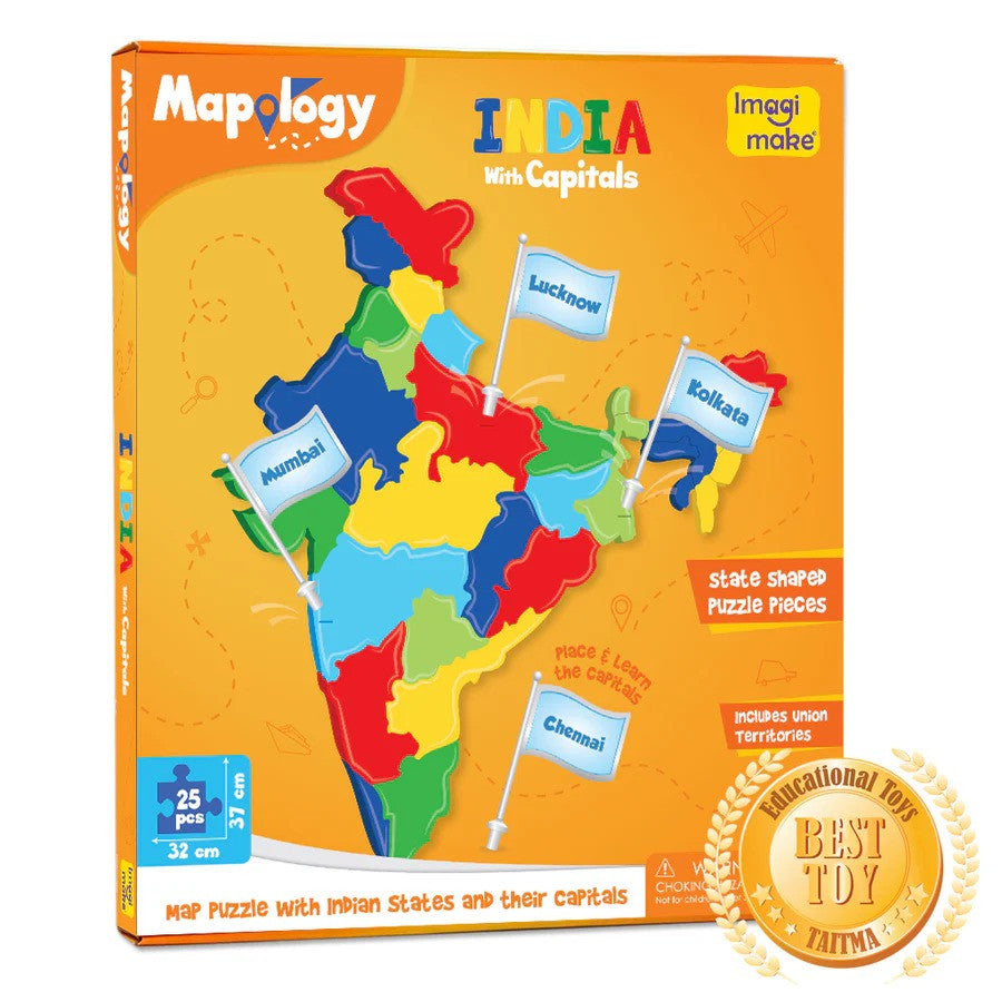 Mapology India map puzzle with colorful states and capital cities on an orange box.