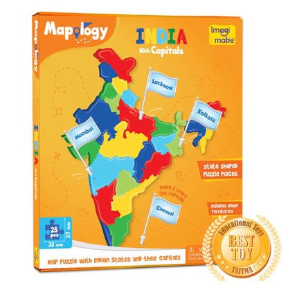 Mapology India map puzzle with colorful states and capital cities on an orange box.