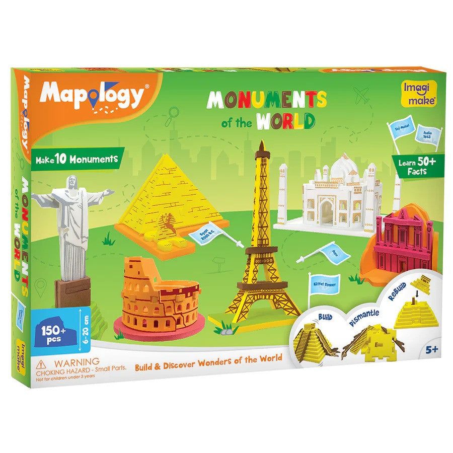 Mapology Monuments of the World toy set packaging with illustrations of famous landmarks.