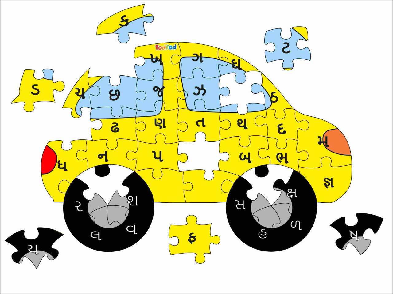 TodFod Car Shaped Wooden Jigsaw Puzzle Gujarati Alphabets Yellow - 36 Pieces