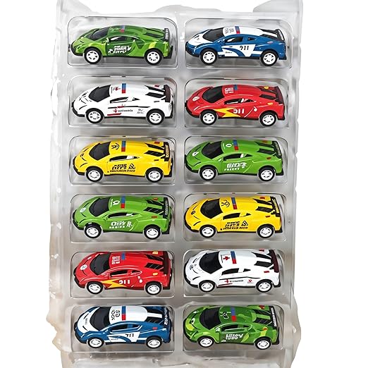 Set of colorful toy cars in clear packaging on a white background