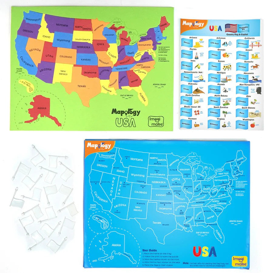 Map of the USA with colorful states, a poster, and a blue map on a white background.