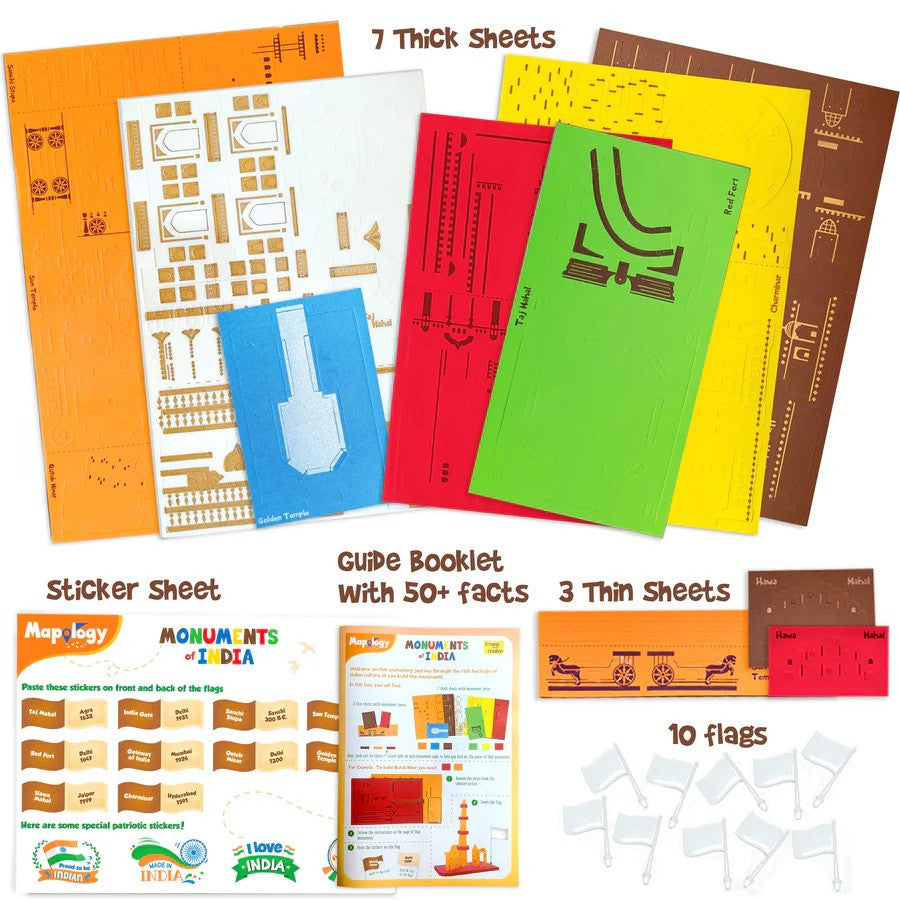 Collection of educational materials including sheets, a guide booklet, and flags on a white background.