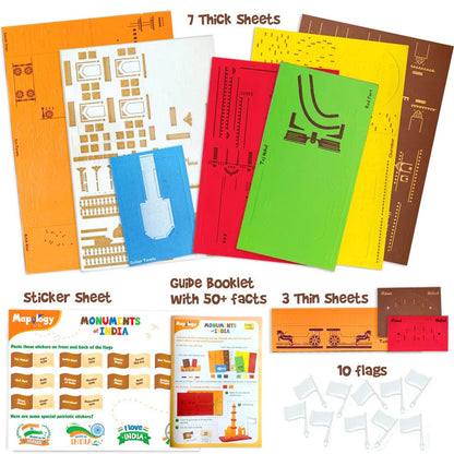 Collection of educational materials including sheets, a guide booklet, and flags on a white background.