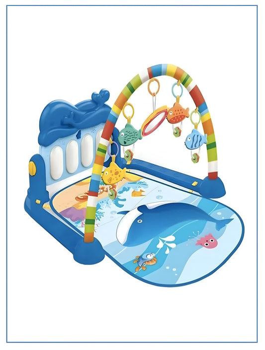 Baby play gym with colorful arch and toy attachments on a white background