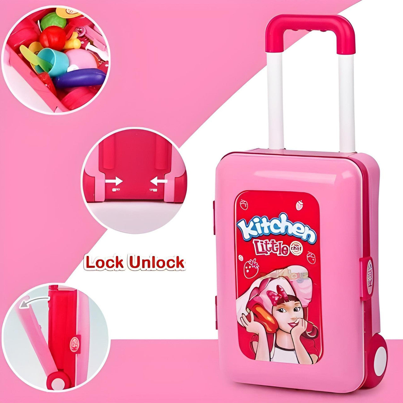 Pink toy suitcase with character design on a pink background