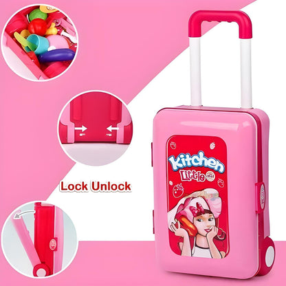 Pink toy suitcase with character design on a pink background