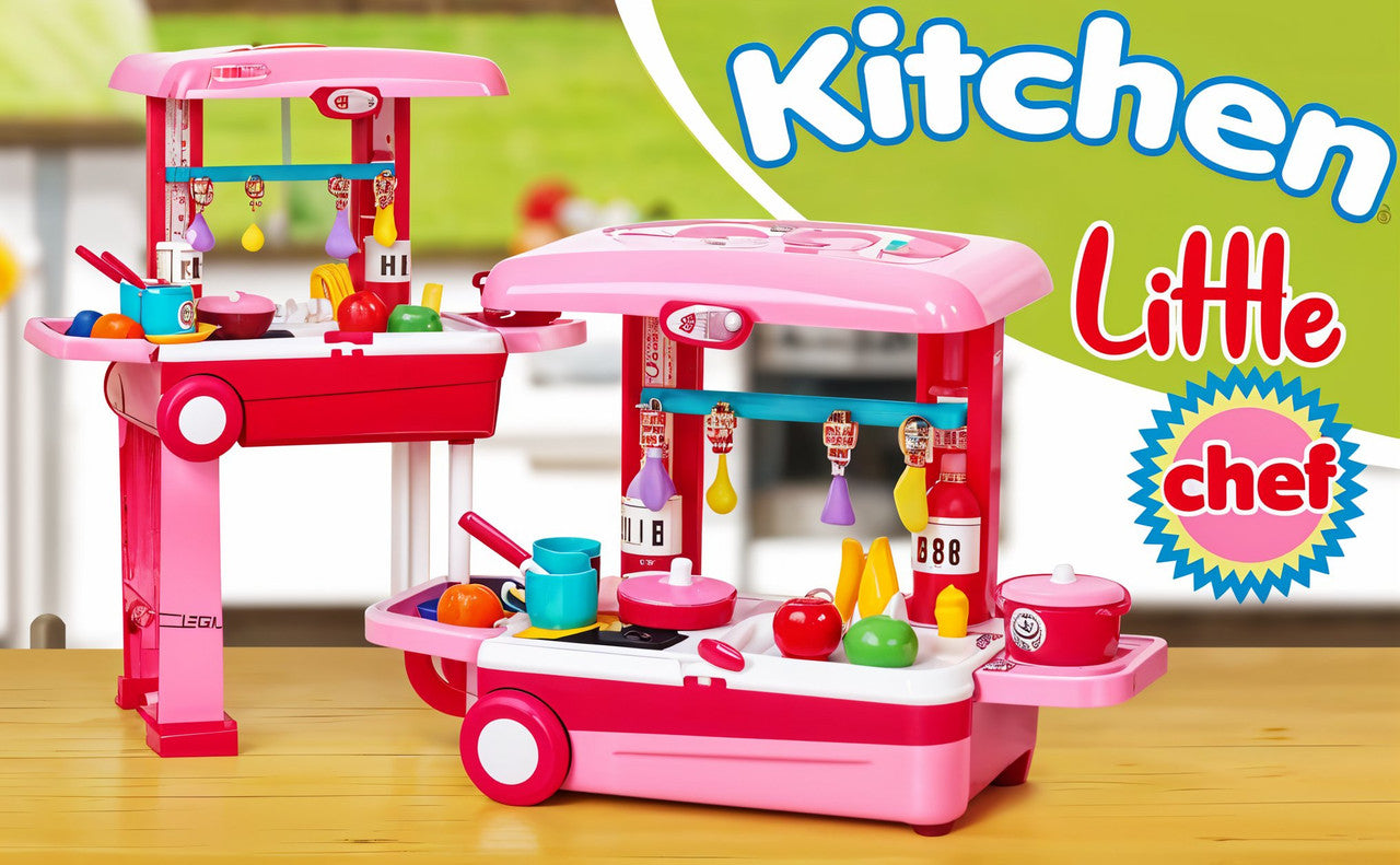 Toy kitchen set with pink and red colors on a wooden surface.
