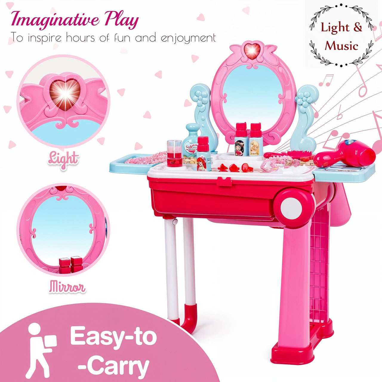 Children's toy vanity set with mirror, light, and music features on a white background.