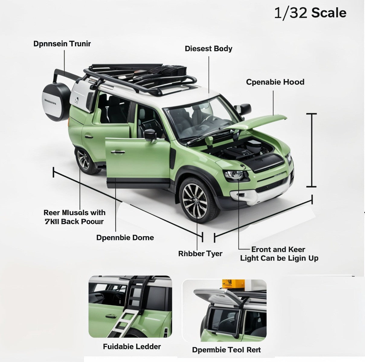 Model car with labeled parts and scale information on a white background