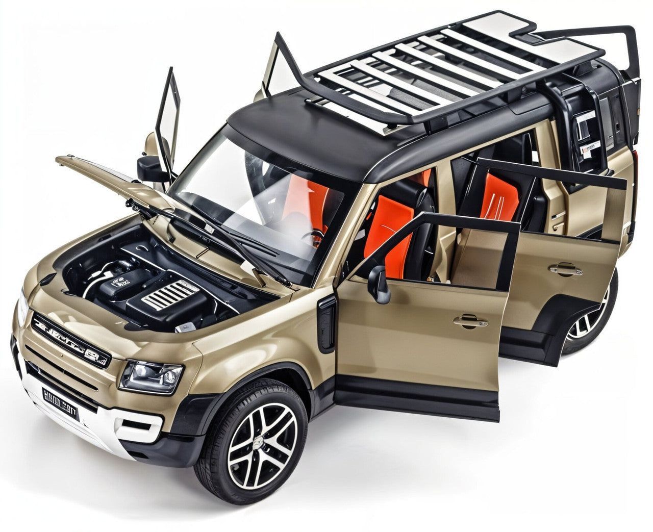 Model SUV with open doors and engine compartment on a white background
