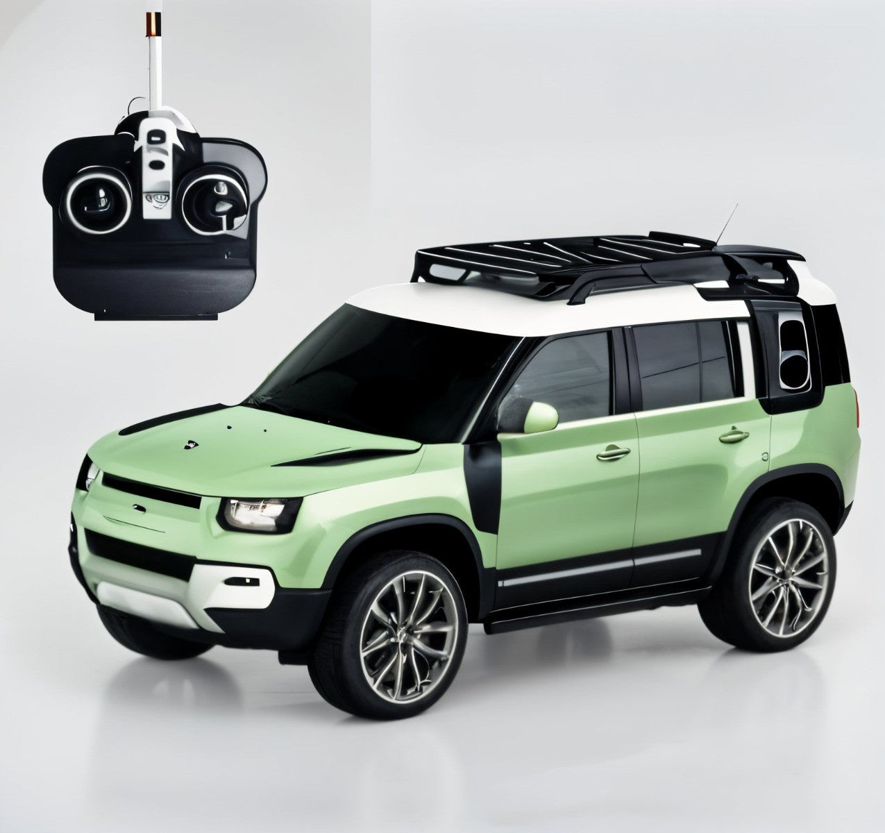 Green toy SUV with black roof rack and remote control on a white background
