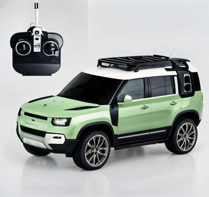 Green toy SUV with black roof rack and remote control on a white background