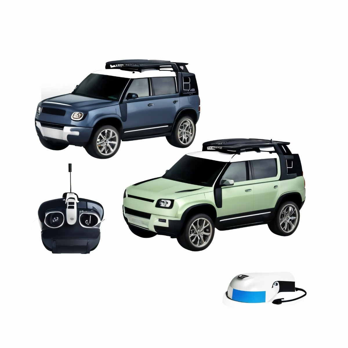 Two toy SUVs and a remote control on a white background