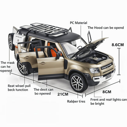 Model car with open doors and hood, showing features and dimensions on a white background