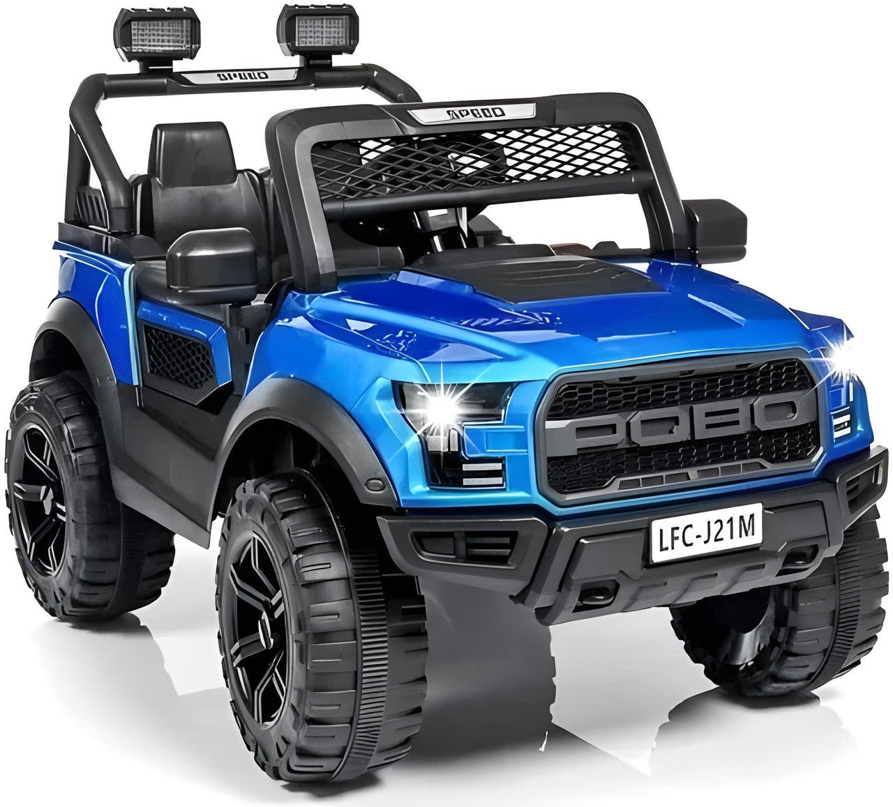 Blue toy truck with black accents on a white background