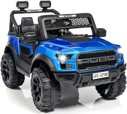 Blue toy truck with black accents on a white background