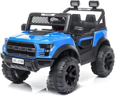 Blue toy truck with black details on a white background