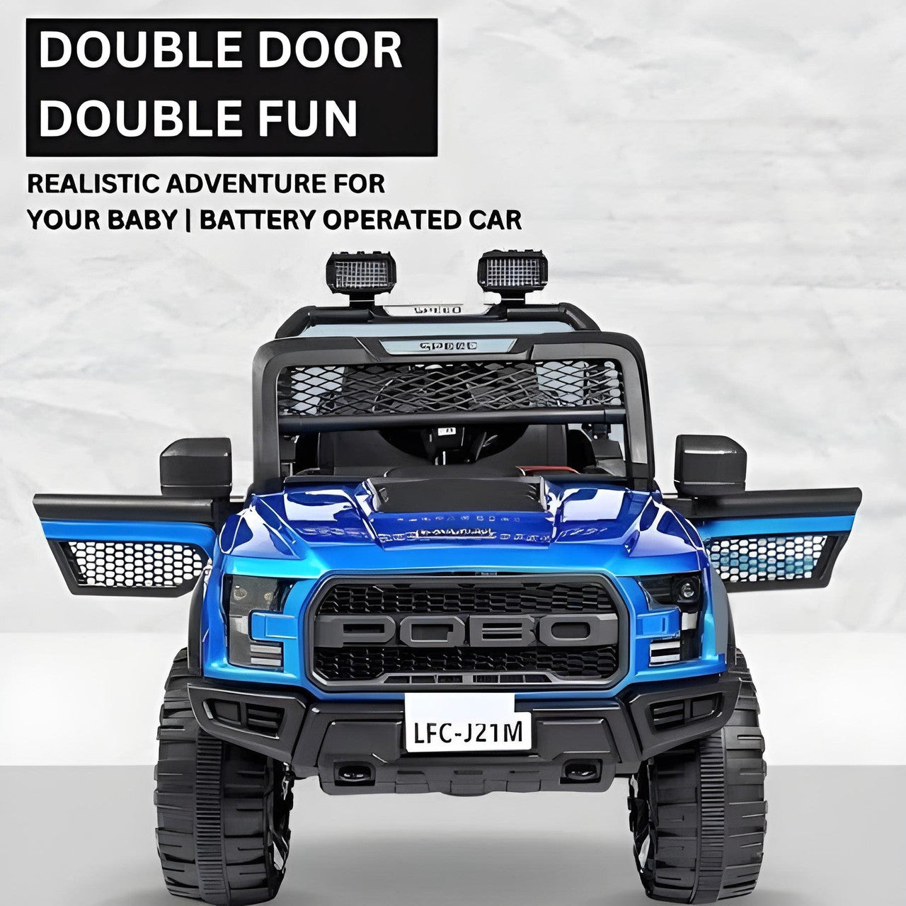 Blue toy truck with open doors on a white background, featuring text about battery-operated cars.