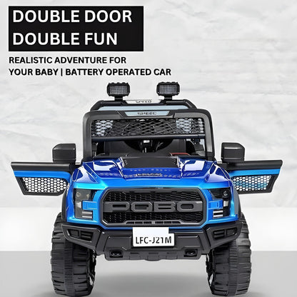 Blue toy truck with open doors on a white background, featuring text about battery-operated cars.