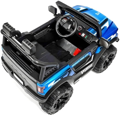 Blue and black toy car with steering wheel on a white background