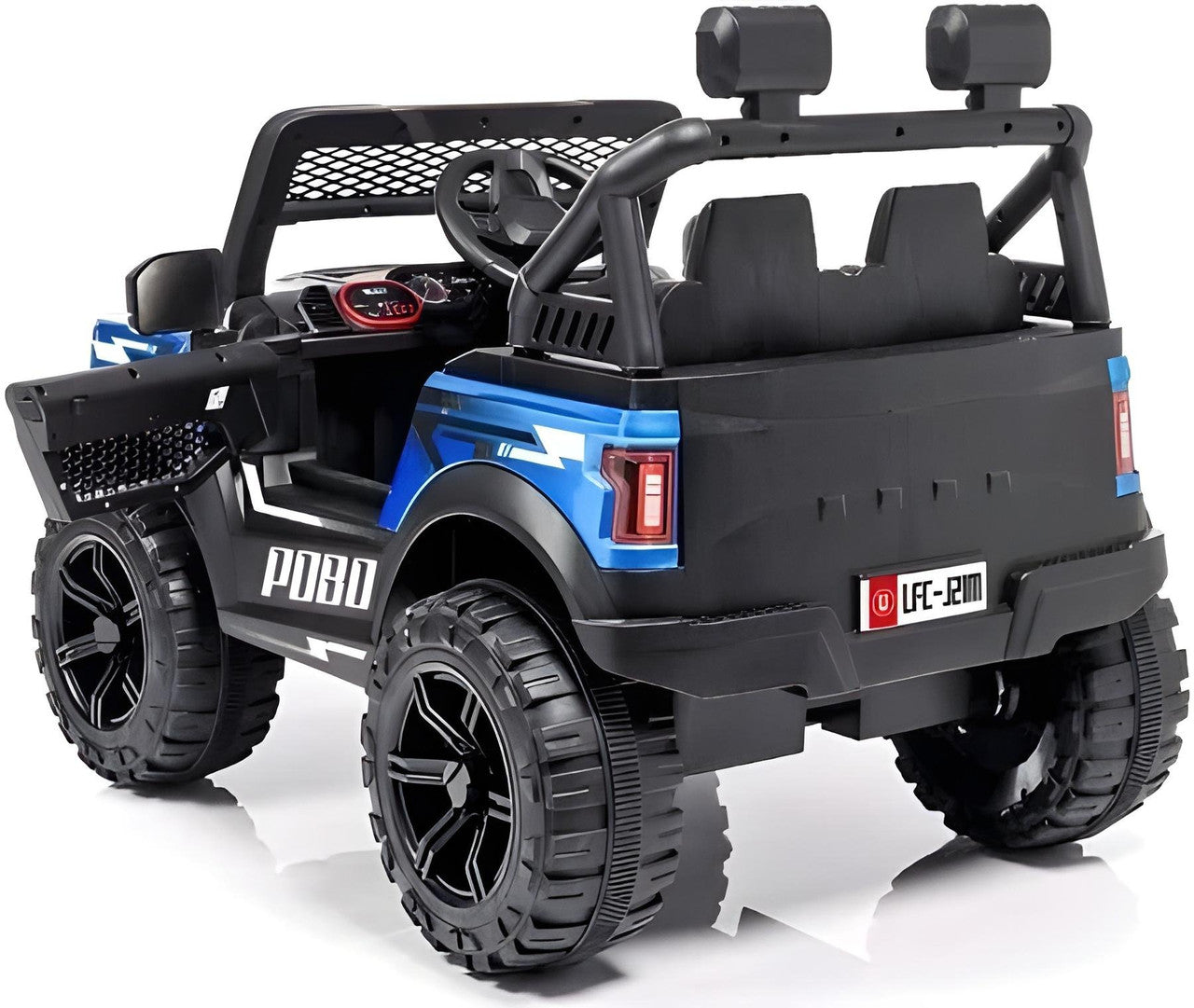 Toy truck with black and blue design on a white background
