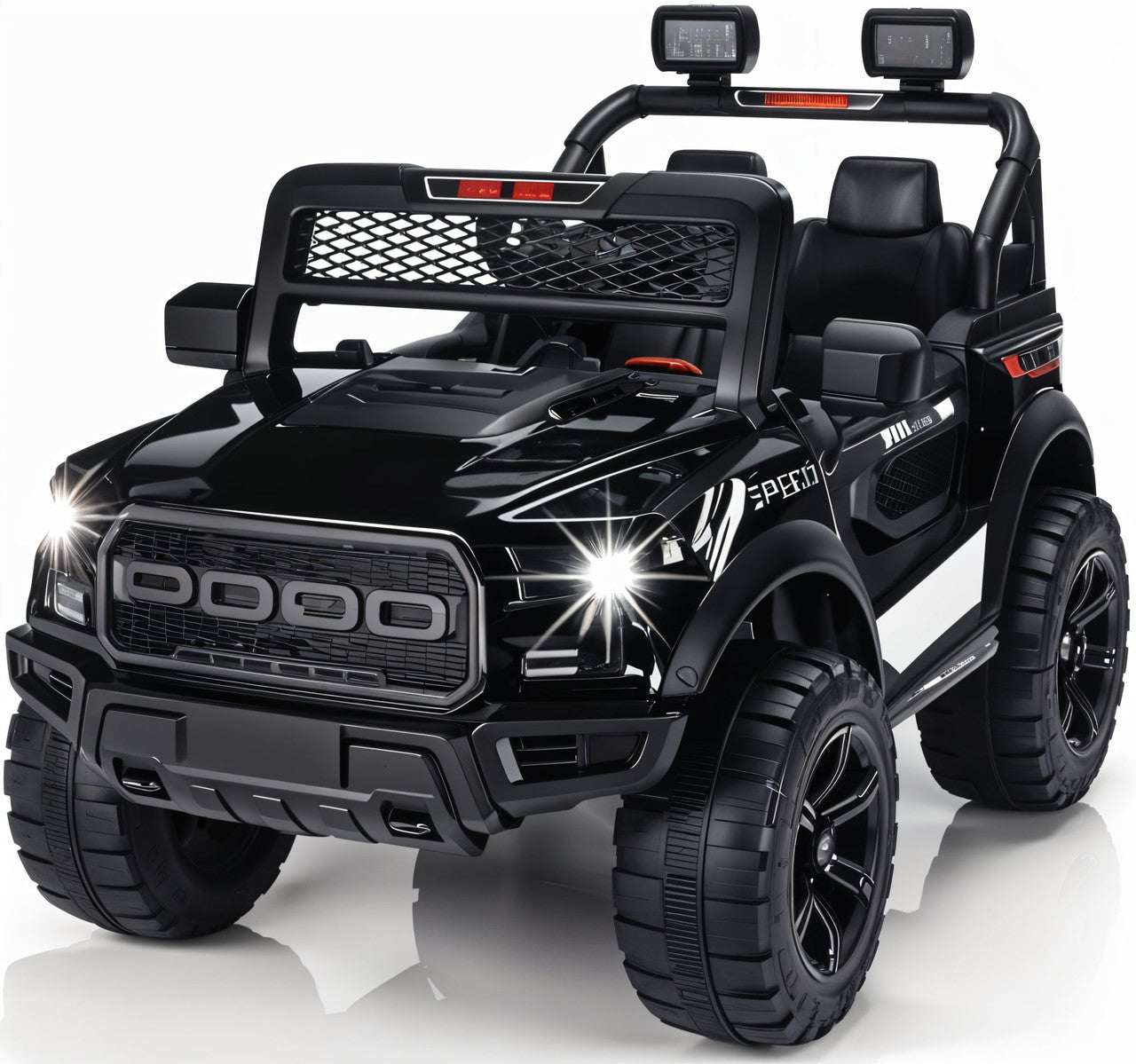 Black toy truck with detailed design on a white background