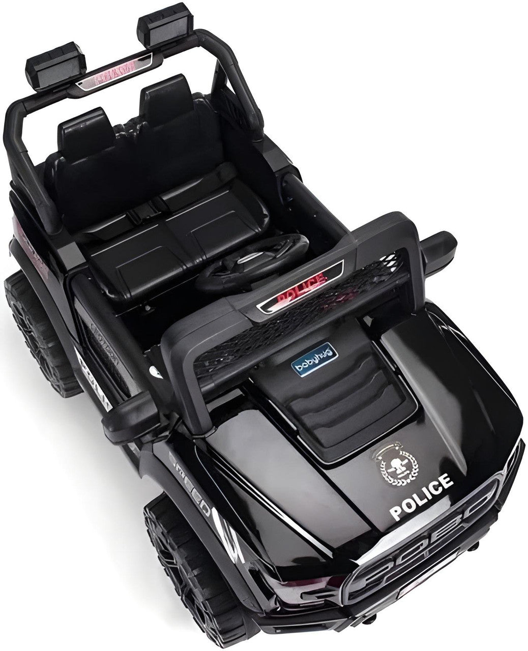 Black toy police car with detailed features on a white background