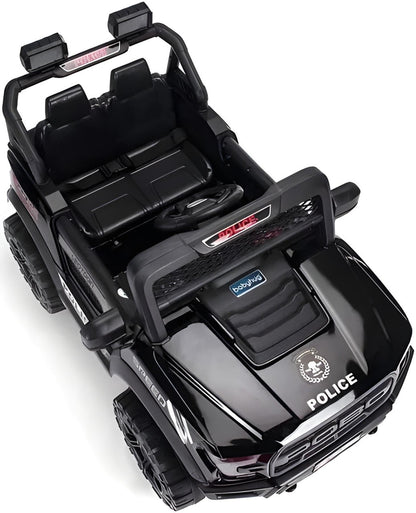 Black toy police car with detailed features on a white background