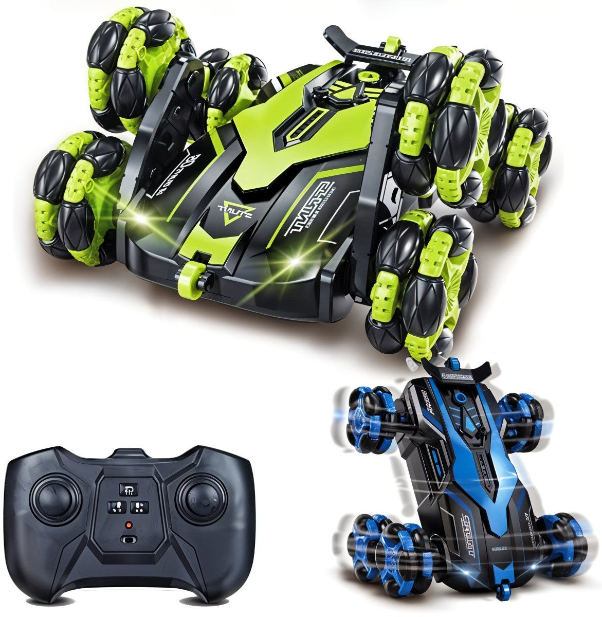 Toy vehicle with green and black design, remote control, and another vehicle with blue and black design on a white background.
