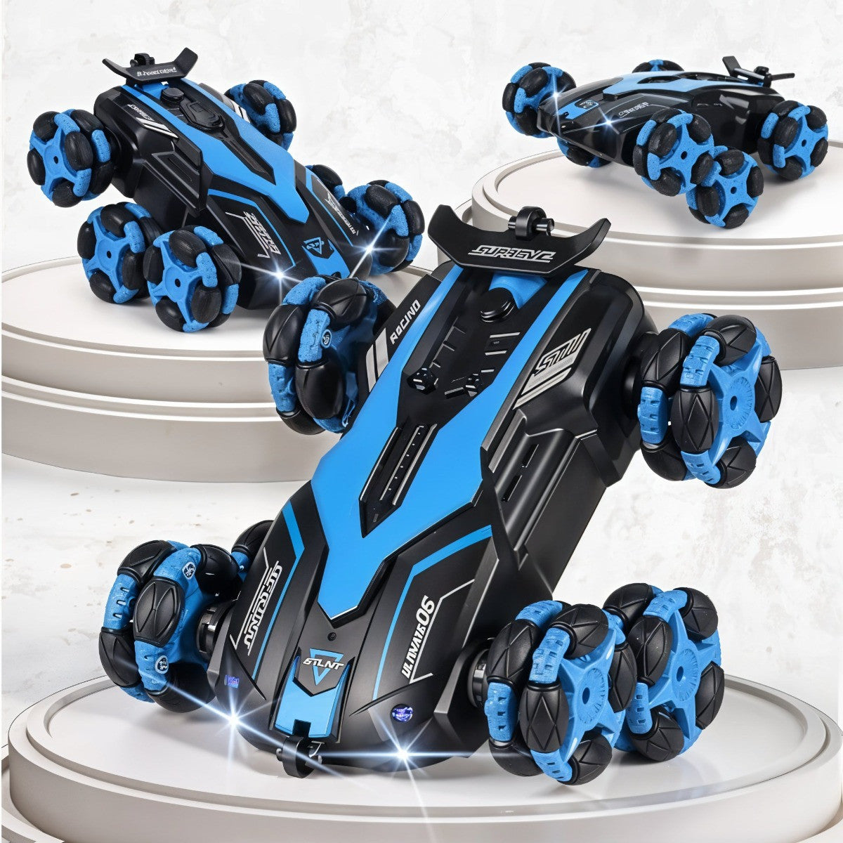 Blue and black toy car with multiple wheel configurations on a white background